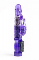 Hi-tech - Фиолетовый вибратор-ротатор с клиторальным стимулятором - 22,5 см.