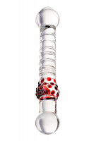 Стеклянные фаллосы - Стеклянный стимулятор с ручкой-шаром и цветными пупырышками - 22 см.