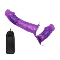 Женские страпоны - Женский фиолетовый страпон с вагинальной вибропробкой Ultra - 17,5 см.