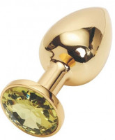Интимные украшения - Золотистая анальная пробка с желтым кристаллом - 7,6 см.