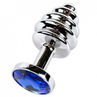 Интимные украшения - Серебристая фигурная анальная пробка с синим кристаллом - 7,6 см.