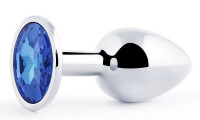 Стеклянные и металлические - Анальное украшение SILVER PLUG SMALL с синим кристаллом - 7,2 см.