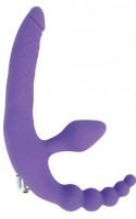 Безремневые - Фиолетовый безремневой страпон с анальным отростком и вибрацией - 15 см.