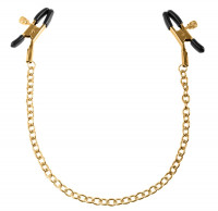 Интимные украшения - Чёрные с золотом зажимы на соски Gold Chain Nipple Clamps