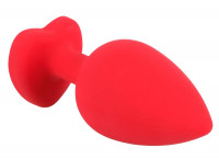 Анальные пробки - Красная силиконовая анальная пробка с черным стразом-сердечком - 9,3 см.