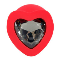 Анальные пробки - Красная силиконовая анальная пробка с черным стразом-сердечком - 9,3 см.