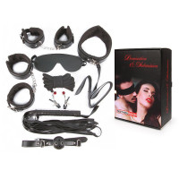 Эротические наборы - Большой игровой набор БДСМ: наручники, оковы, маска, кляп, плеть, ошейник с поводком, верёвка, зажимы для сосков