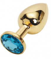 Интимные украшения - Золотистая металлическая анальная пробка с голубым стразом - 7,6 см.