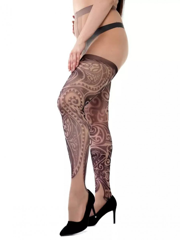 Колготки +size с имитацией татуировки с завитками