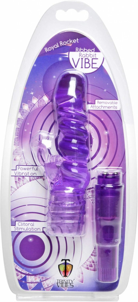 Фиолетовая виброракета с насадкой-кроликом Ribbed Rabbit Vibrator - 21,6 см.