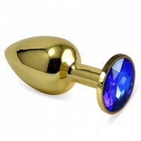 Интимные украшения - Золотистая металлическая анальная пробка с синим стразом - 7,6 см.