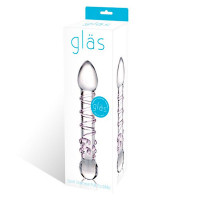 Стеклянные фаллосы - Прозрачный стеклянный фаллос с розовой спиралькой и массажными пупырышками - 18 см.