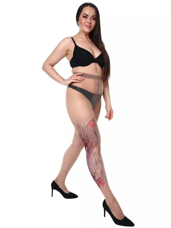 Женские колготки +size с имитацией тату на правой ножке