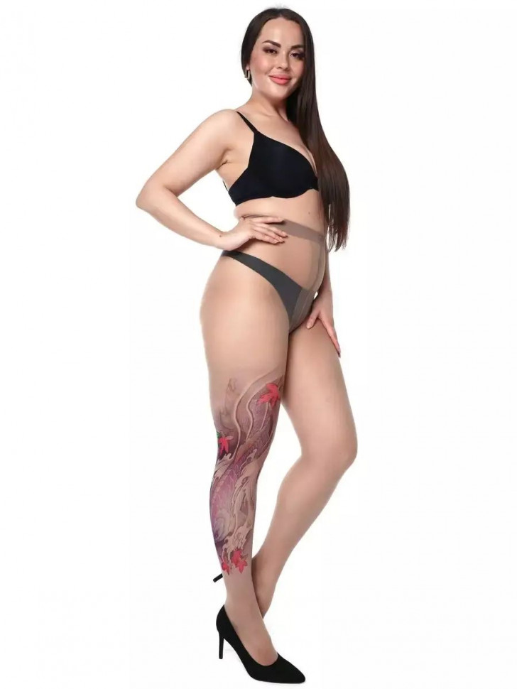 Женские колготки +size с имитацией тату на правой ножке