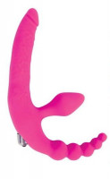 Безремневые - Розовый безремневой страпон с анальным отростком и вибрацией - 15 см.