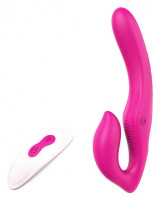Безремневые - Ярко-розовый безремневой страпон REMOTE DOUBLE DIPPER - 22 см.