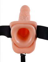 Телесный полый страпон с вибрацией Vibrating Hollow Strap-On with Balls - 24 см.