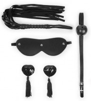 Эротические наборы - Эротический набор в черном цвете: маска, кляп, пэстисы, плётка