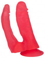 Анально-вагинальные - Двойной розовый фаллоимитатор на присоске - 15 см.