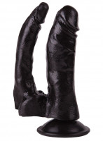 Анально-вагинальные - Двойной чёрный фаллоимитатор на присоске - 15 см.