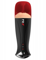 Телесный мастурбатор-вагина в черной колбе с вибрацией Fuck-O-Matic Pro XL