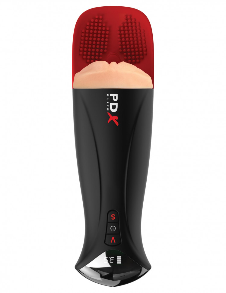 Телесный мастурбатор-вагина в черной колбе с вибрацией Fuck-O-Matic Pro XL